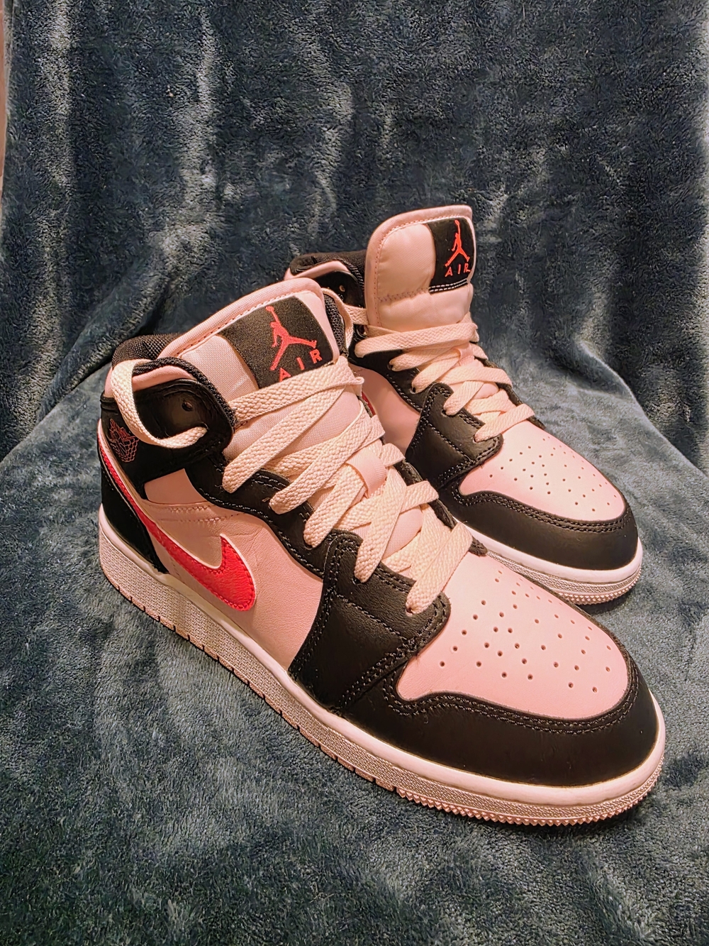 Jordan 1 Pink and Black High-Top Sneakers with Red Swoosh Size 5.5Y/Size 7 Women
